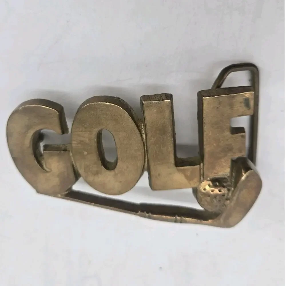 Vintage GOLF Word Art Belt Buckle Brass R.O.C. Golfing Golf Club Ball